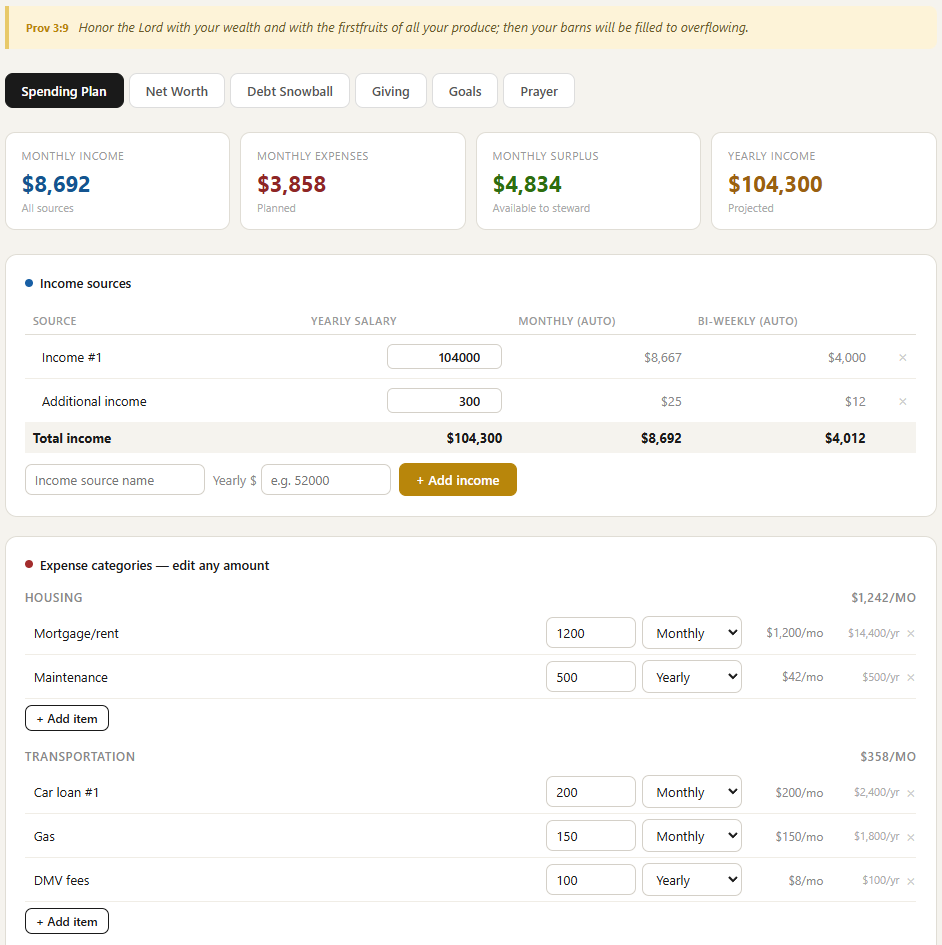 Valor Finance dashboard showing spending plan, income sources, and expense categories